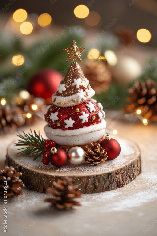 A delightful cookie Christmas tree sits atop a rustic wooden slice, adorned with colorful icing and sprinkles, radiating festive cheer and warmth. A delightful cookie Christmas tree sits atop a rustic wooden slice, adorned with colorful icing and sprinkles, radiating festive cheer and warmth.