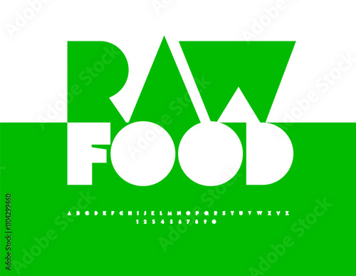 Vector lifestyle flyer Raw Food. Modern White Font. Uppercase Fashion Alphabet Letters and Numbers set.