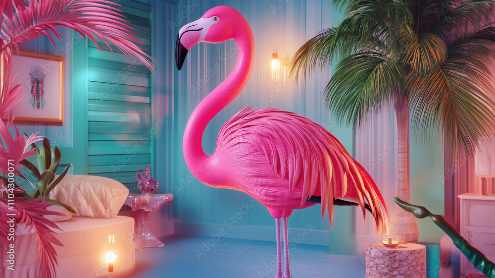 Fototapeta premium Generative AI image of a Flamingo in a Vintage Room