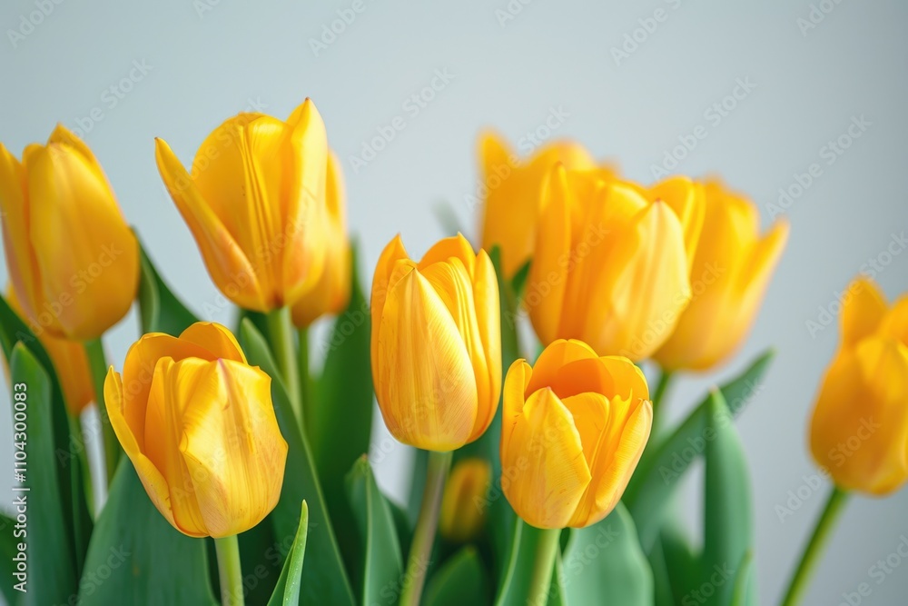 Fresh bright yellow tulip flowers with green leaves on white background in studio Fresh bright yellow tulip flowers with green leaves on white background in studio