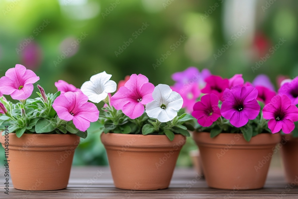 Colorful flowering plants in terracotta pots showcasing beauty in a vibrant garden setting Colorful flowering plants in terracotta pots showcasing beauty in a vibrant garden setting