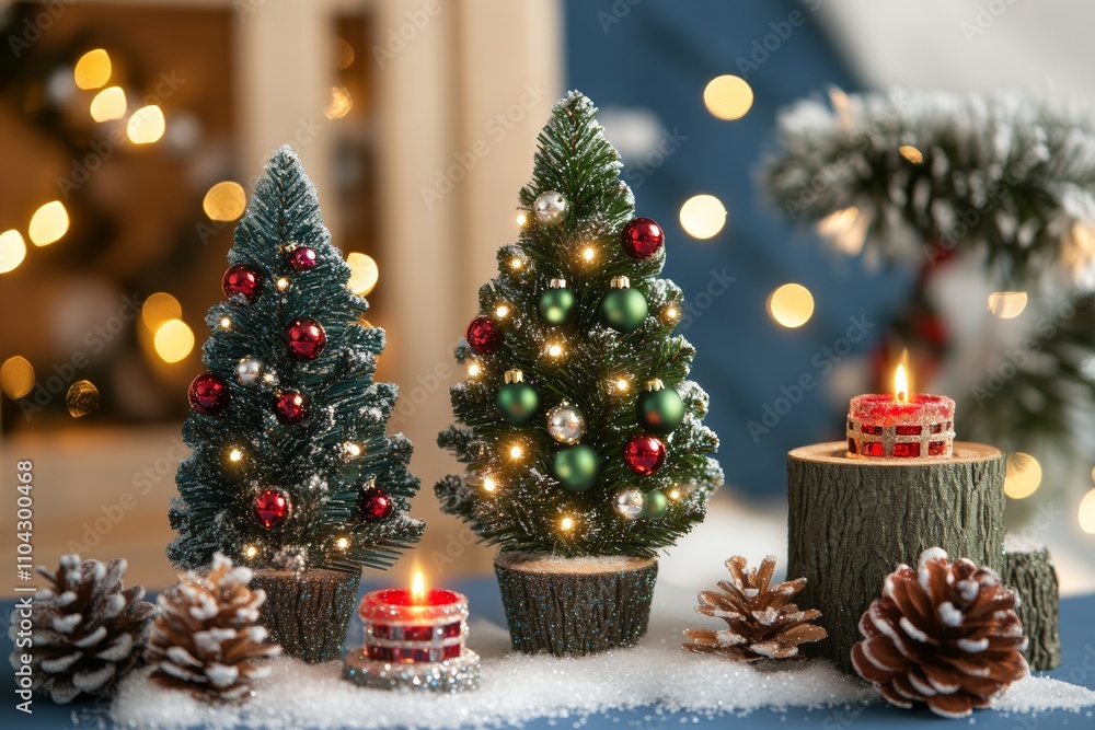 Three charming Christmas trees adorned with glowing candles sit elegantly on a festive table, filling the air with warmth and holiday cheer. Three charming Christmas trees adorned with glowing candles sit elegantly on a festive table, filling the air with warmth and holiday cheer.