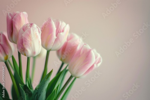 Soft light pink tulip bouquet on plain background with shallow depth of field