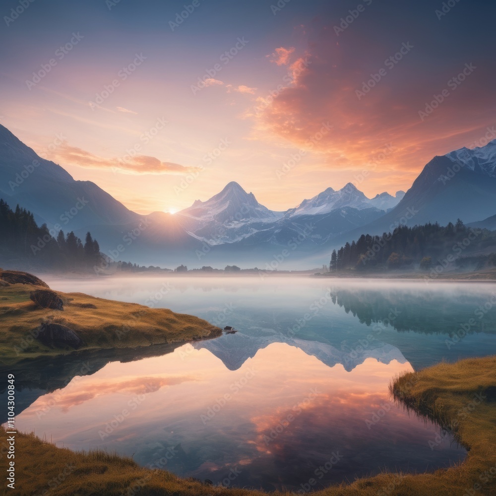 A serene mountain valley at sunrise with a mist-covered lake reflecting the sky A serene mountain valley at sunrise with a mist-covered lake reflecting the sky