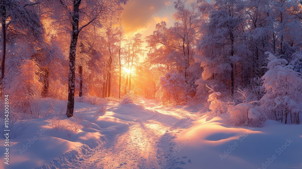 Naklejka premium Magical winter sunset in snowy forest.