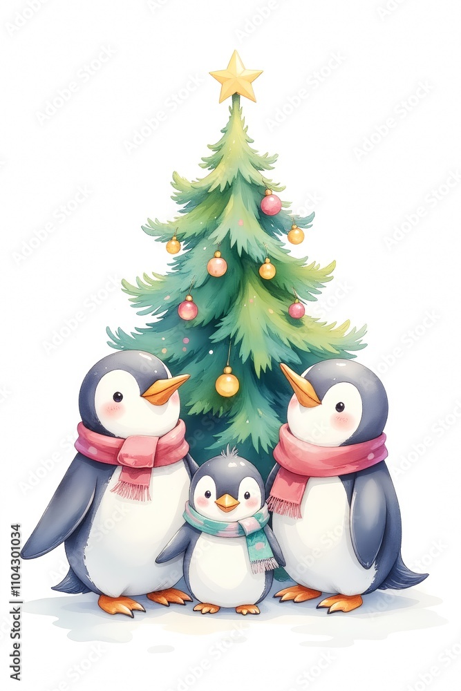 Fototapeta premium Vintage illustration of a cute penguins family wearing scarf arround a christmas tree