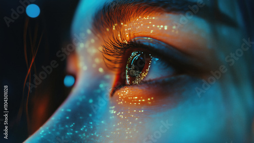 Generative AI image of closeup of woman eye with round lens analyzing information in futuristic world