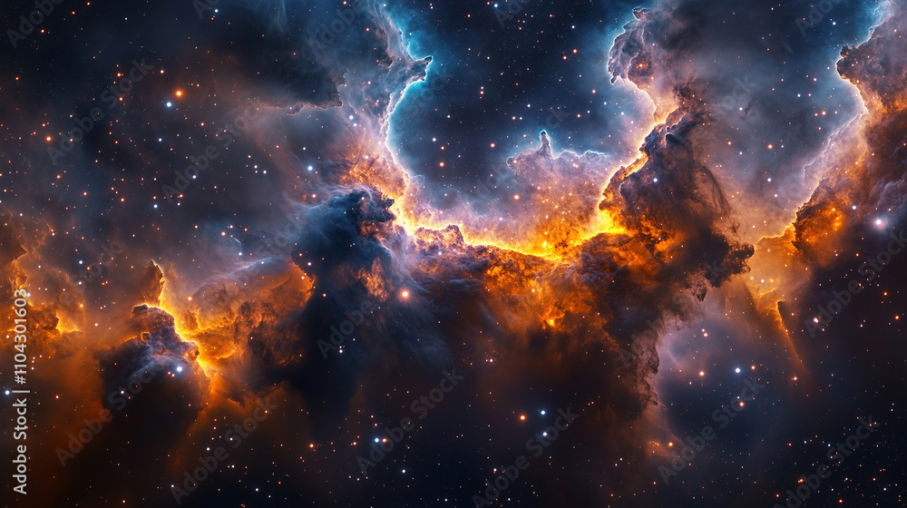 Fototapeta premium Vibrant cosmic nebula with swirling clouds and starry backdrop captured in deep space. Generative AI