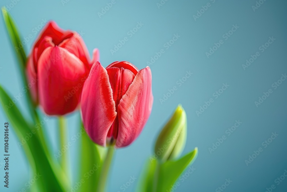 Fototapeta premium Close up of red tulips on blue background with copy space.