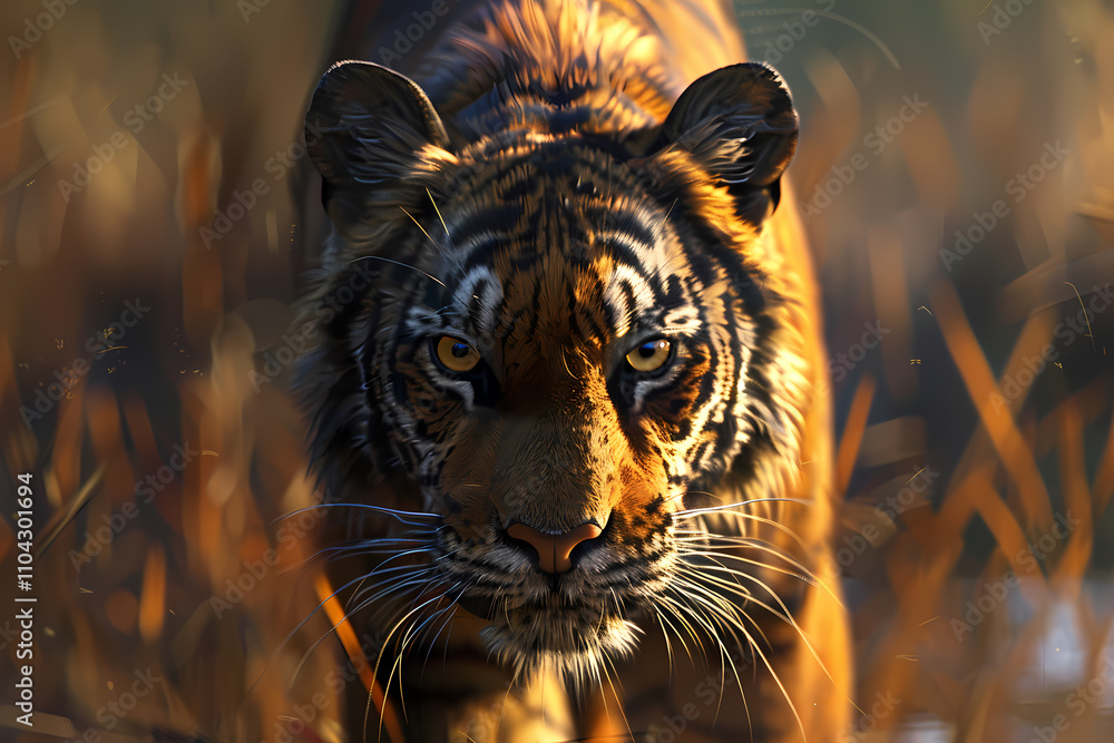 A fierce and powerful adult tiger prowls through tall grass, showcasing its striking orange coat and intense gaze in a wild setting. A fierce and powerful adult tiger prowls through tall grass, showcasing its striking orange coat and intense gaze in a wild setting.