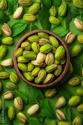Wallpaper Mural A wooden bowl filled with green pistachios on a green background Torontodigital.ca