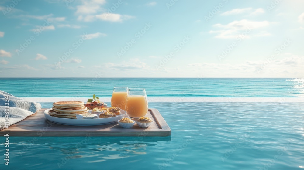 Relaxing Breakfast by Poolside with Pancakes and Juices Relaxing Breakfast by Poolside with Pancakes and Juices