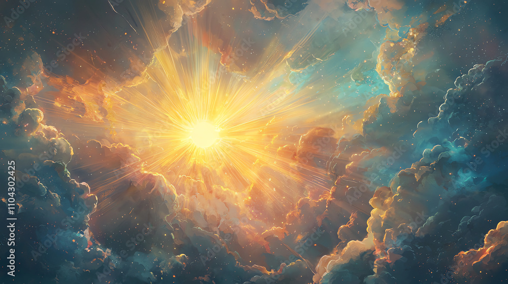 Fototapeta premium Glowing sunbeam breaks through stormy clouds during a dramatic sky transition at sunset