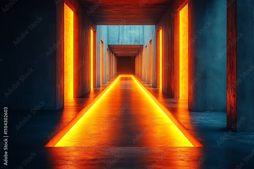 A long corridor with bright orange lights and concrete walls A long corridor with bright orange lights and concrete walls