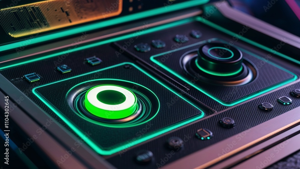 Close-up of modern control panel with glowing knobs and buttons in dark environment Close-up of modern control panel with glowing knobs and buttons in dark environment