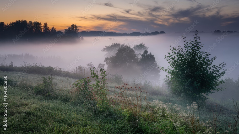 Misty landscape at dawn. Fog envelops the ground and trees, giving a mystical and serene atmosphere. The sky is painted in orange and purple tones. The ground is covered with grass and flowers. Misty landscape at dawn. Fog envelops the ground and trees, giving a mystical and serene atmosphere. The sky is painted in orange and purple tones. The ground is covered with grass and flowers.