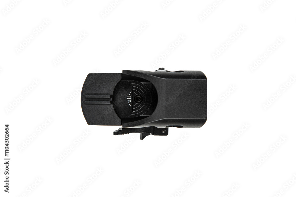 A black tactical reflex sight with adjustment knobs and a mounting base, designed for precision aiming on firearms, isolated on a white back. A black tactical reflex sight with adjustment knobs and a mounting base, designed for precision aiming on firearms, isolated on a white back.