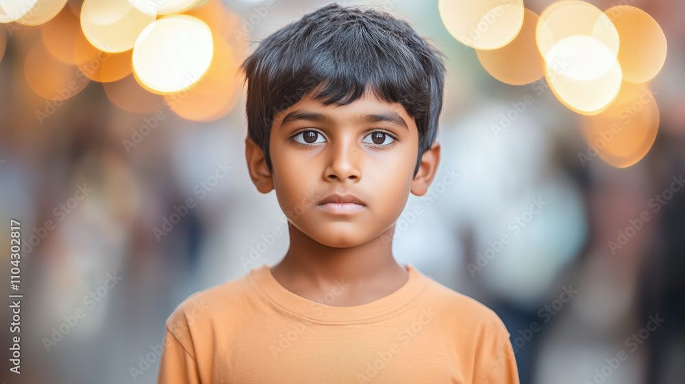 Generative AI image of serious ethnic kid standing near wall while looking at camera against blurred background Generative AI image of serious ethnic kid standing near wall while looking at camera against blurred background
