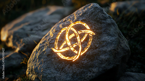 Glowing Triskelion symbol engraved on rock in a serene outdoor setting at dusk photo