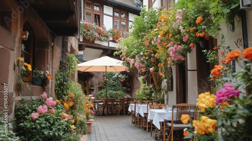 Charming outdoor restaurant scene with blooming flowers in alley