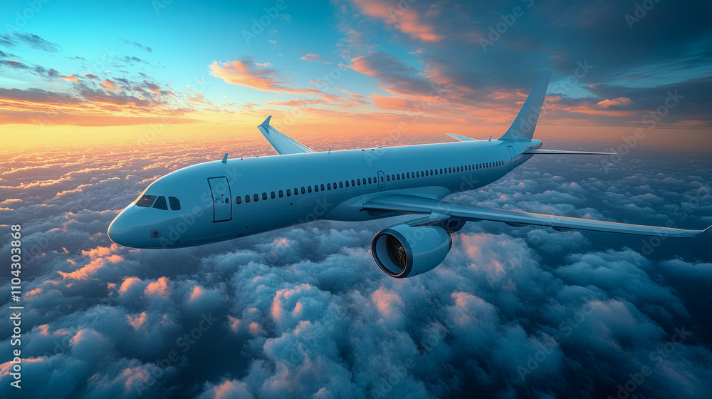 Fototapeta premium Passenger airplane flying above clouds at vibrant sunset
