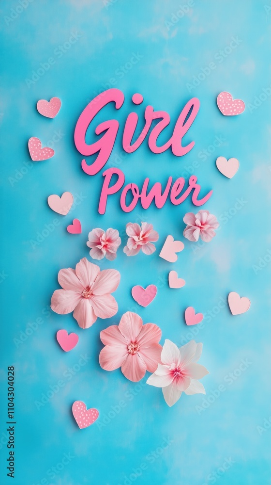 Empowering girl power message with pink hearts and flowers on blue background Empowering girl power message with pink hearts and flowers on blue background
