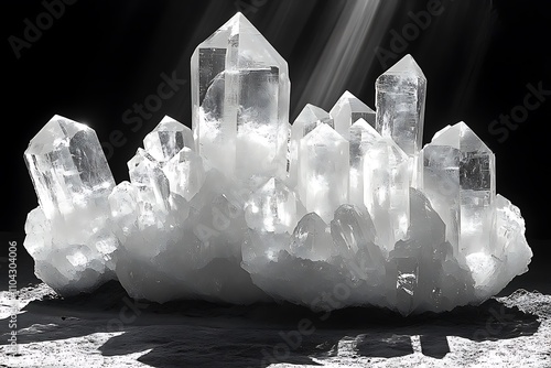 A cluster of quartz crystals on a dark background illuminated by beams of light photo