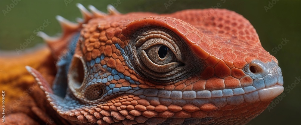 Close-up of a vibrantly colored lizard with striking scales and an intense gaze against a soft green background. Close-up of a vibrantly colored lizard with striking scales and an intense gaze against a soft green background.