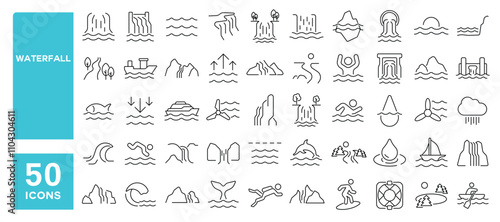 Set of 50 line icons related to waterfall, river, lake, stream, nature, aqua, mountain, water, splash, wave, Editable stroke. Vector illustration