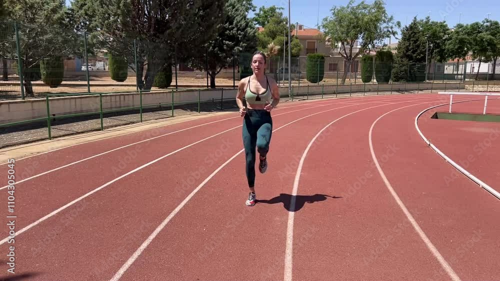 Blonde young woman performing leg resistance and cardio exercises during her training on an athletics track Blonde young woman performing leg resistance and cardio exercises during her training on an athletics track
