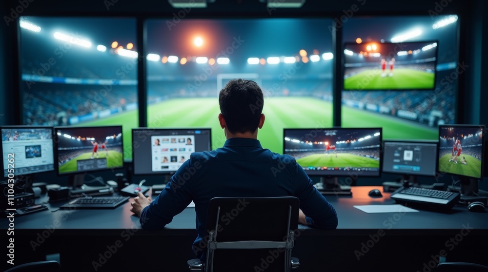 A sportscaster monitors a live football match from a control room filled with screens and lights A sportscaster monitors a live football match from a control room filled with screens and lights