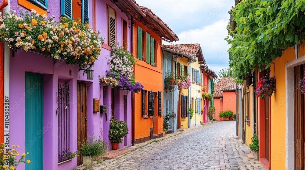 Fototapeta premium Charming colorful houses with flowers lining a picturesque street