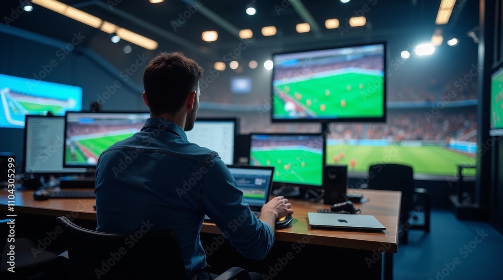 A sportscaster monitors a live football match from a control room filled with screens and lights A sportscaster monitors a live football match from a control room filled with screens and lights