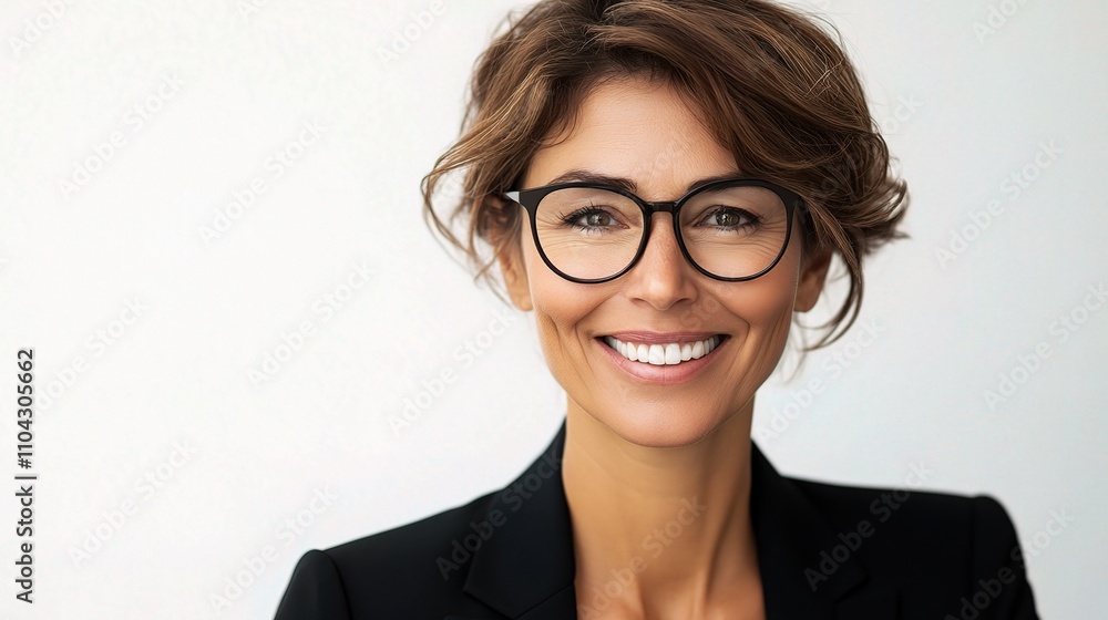Confident Businesswoman Smiling in Formal Attire with Stylish Glasses Confident Businesswoman Smiling in Formal Attire with Stylish Glasses