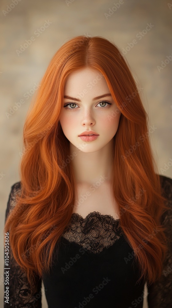 Young woman with long wavy reddish hair dressed in black standing against a neutral background Young woman with long wavy reddish hair dressed in black standing against a neutral background