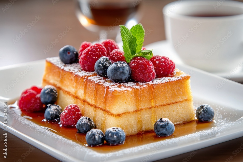 Delicious dessert featuring fluffy cake topped with fresh berries and mint leaves Delicious dessert featuring fluffy cake topped with fresh berries and mint leaves