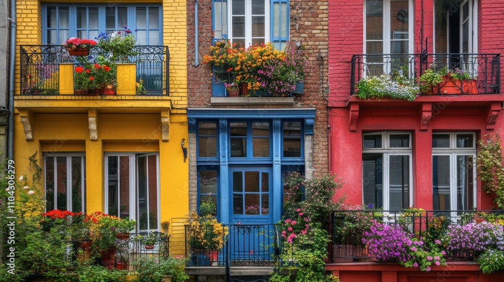 Fototapeta premium Vibrant Colorful Buildings with Flower Boxes and Balconies in City