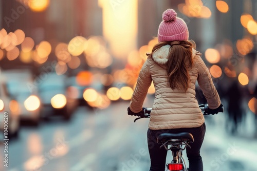 Young woman cycling through city streets in winter with a smile on her face photo