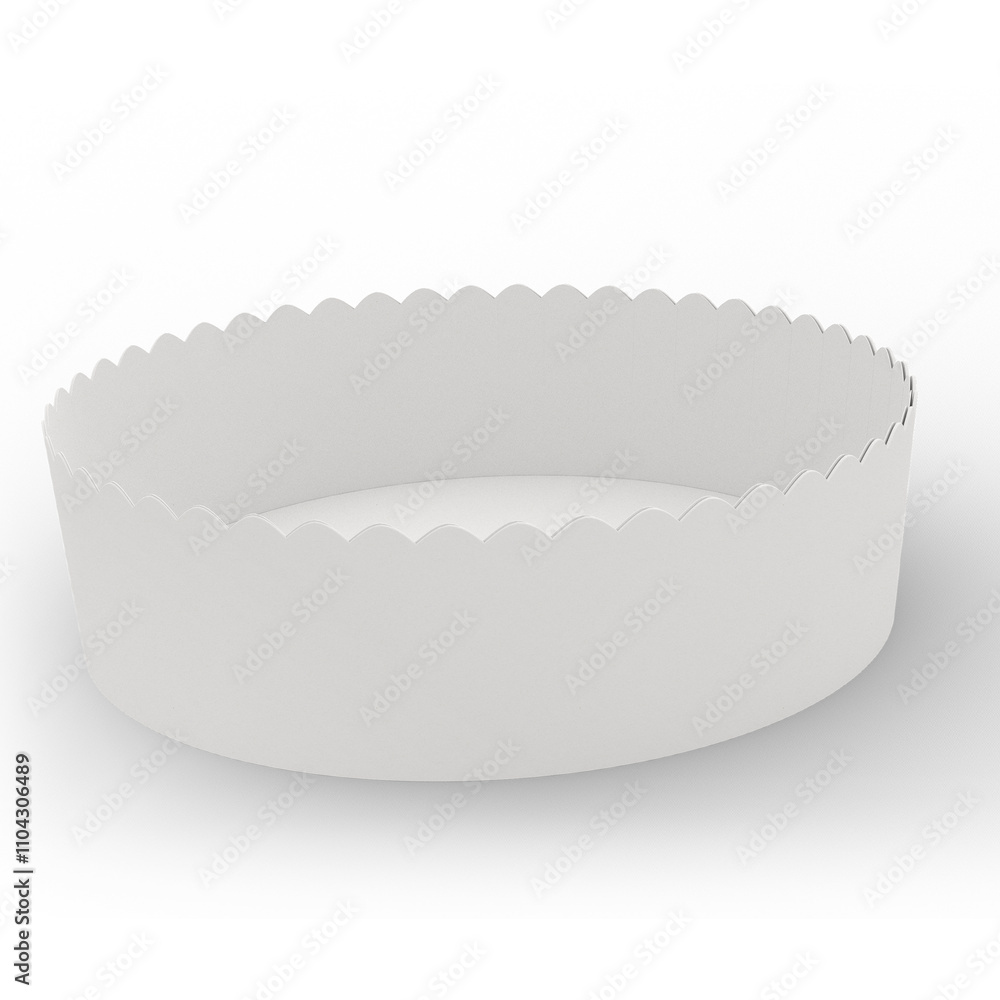 A simple white paper baking mold with a scalloped edge, used for baking or serving food. A simple white paper baking mold with a scalloped edge, used for baking or serving food.