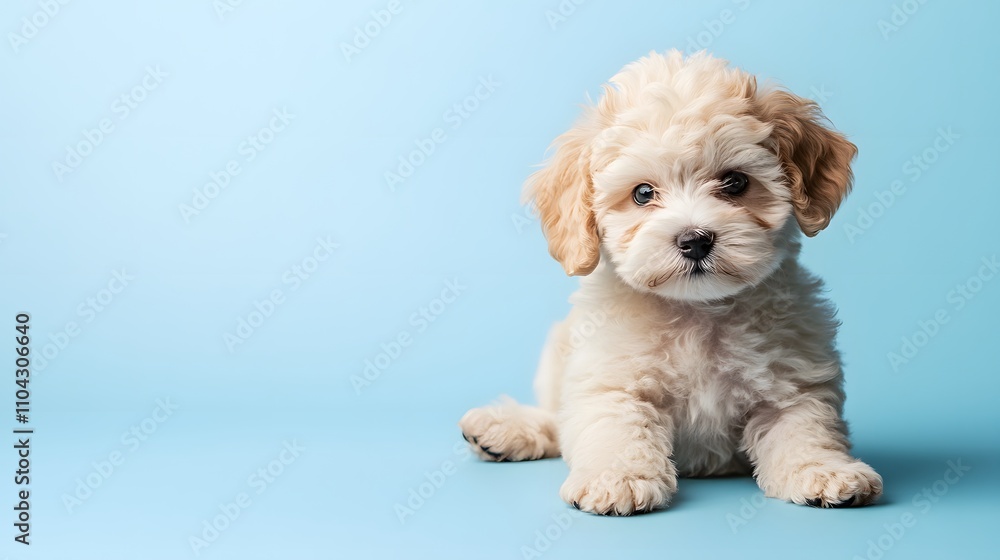 Cute maltipoo puppy dog on light blue background with copyspace