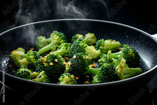 Freshly sauteed broccoli florets in a hot skillet, seasoned and lightly crisped, showcasing a healthy, simple dish.