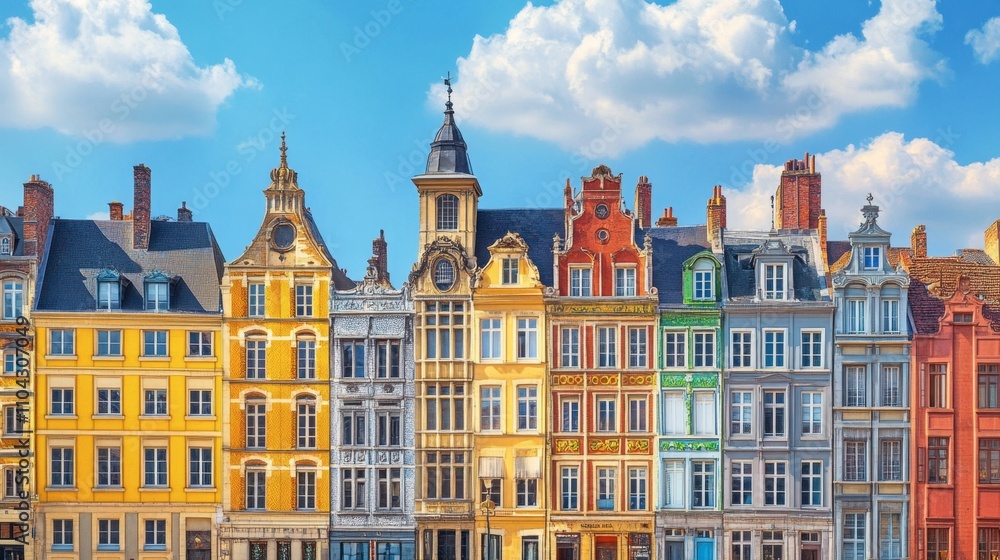 Fototapeta premium Colorful Historic Buildings in Lille with Blue Sky and Clouds
