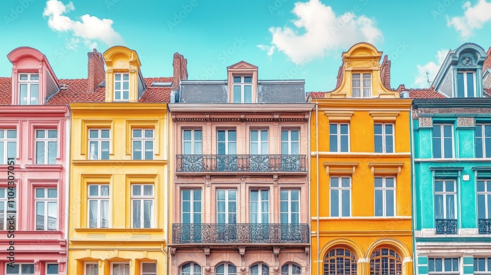 Fototapeta premium Colorful Historic Buildings with Charming Architecture Against Blue Sky