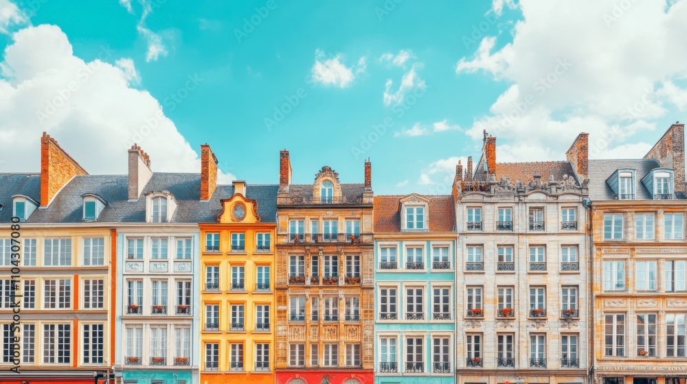 Fototapeta premium Colorful Row of Buildings Under Bright Blue Sky and Fluffy Clouds