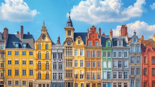 Colorful Historic Buildings in Lille with Blue Sky and Clouds