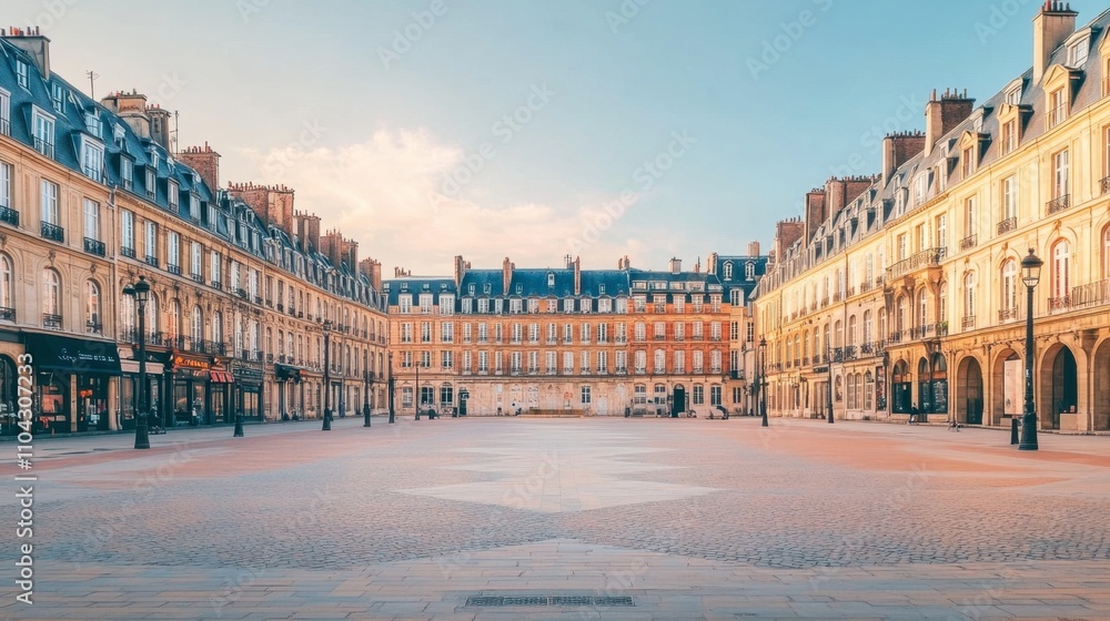Obraz premium Tranquil European square with historic buildings and soft sunlight