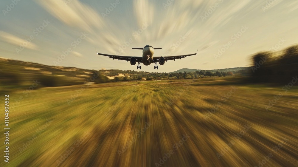 Naklejka premium Airplane Landing: A Dramatic Aerial View