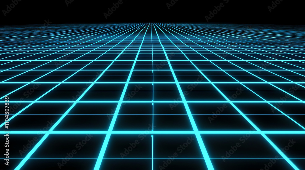 Obraz premium Glowing neon blue grid lines create a futuristic high-tech environment in an abstract digital landscape
