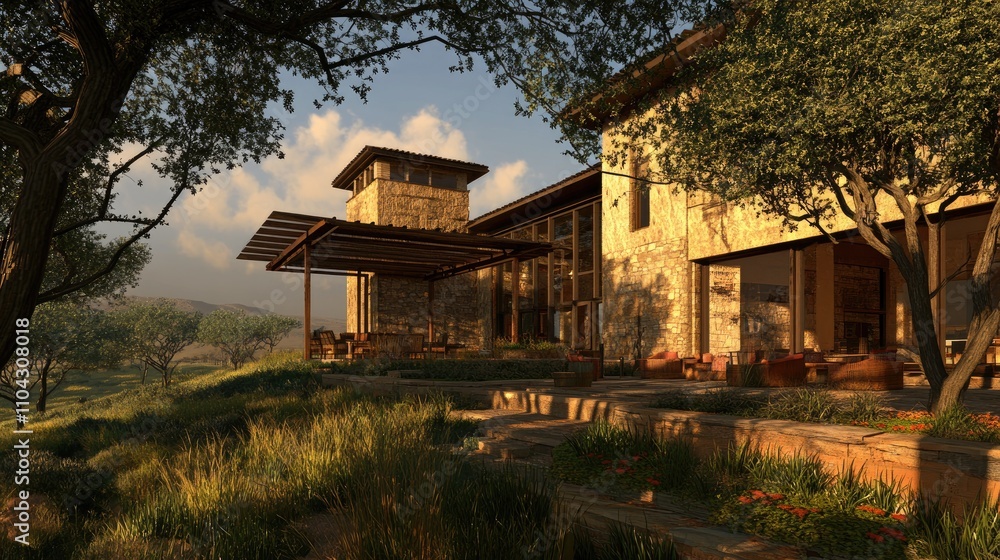 Modern Rustic House with Stone Exterior and Scenic Landscape View Modern Rustic House with Stone Exterior and Scenic Landscape View