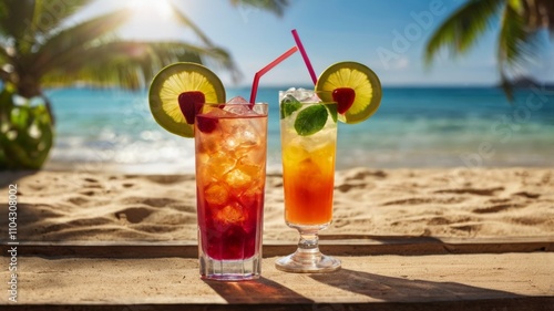 A row of summer tropical holiday cocktails on a bright background with hard directional sun shadow